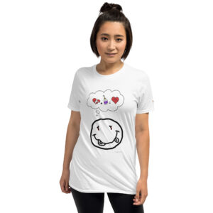 Asian girl in a white daddy grunge cartoon shirt with the altered Nirvana smiley and the thought bubble with the glued together heart pieces as a motive.